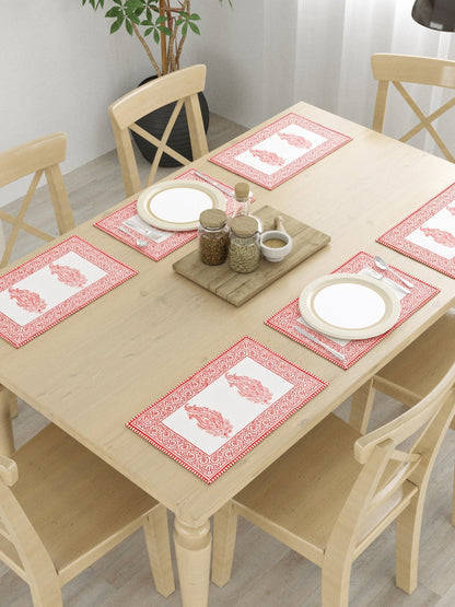 Hand Block Printed Red & White Table Runner, Mat and Napkin Set for Center/Dining Table