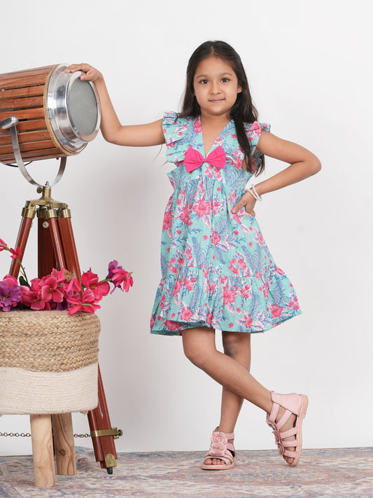 Block Print Pink and Blue Bow Dress for Girls