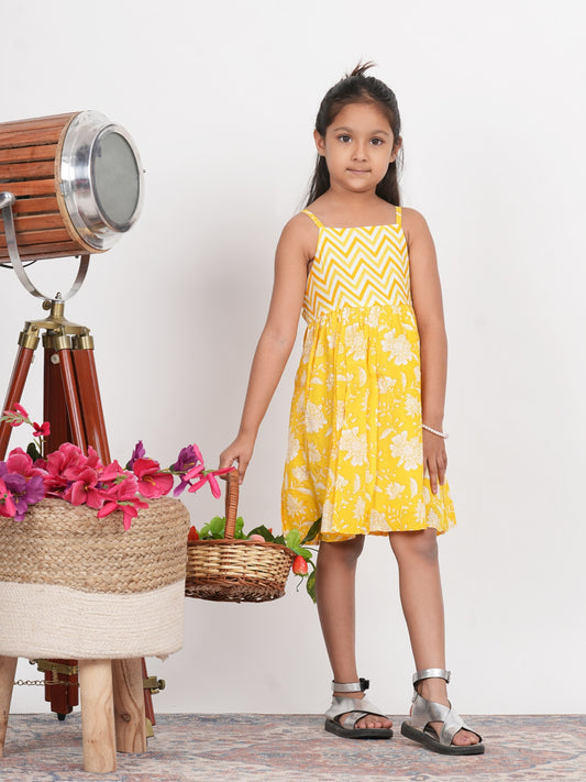 Block Print Yellow Fit and Flare Dress for Girls