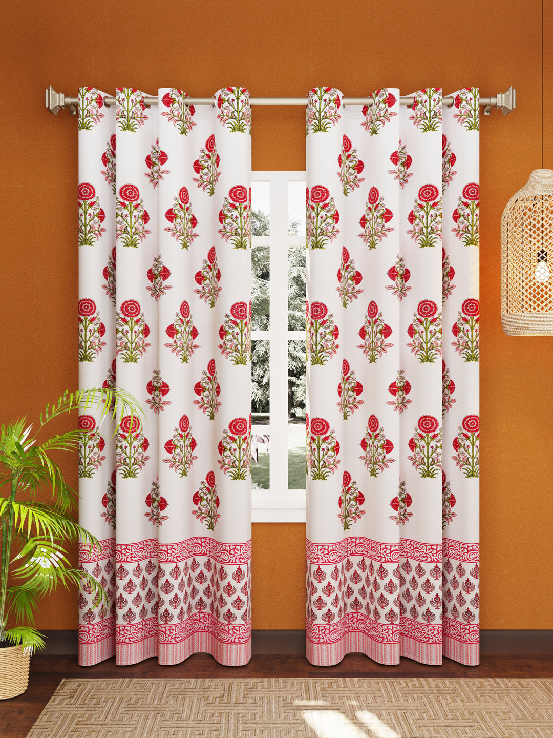 LIVING ROOTS Cotton Block Print 7 Feet Door Curtains-Set of 2 (51-004-A-2PC)