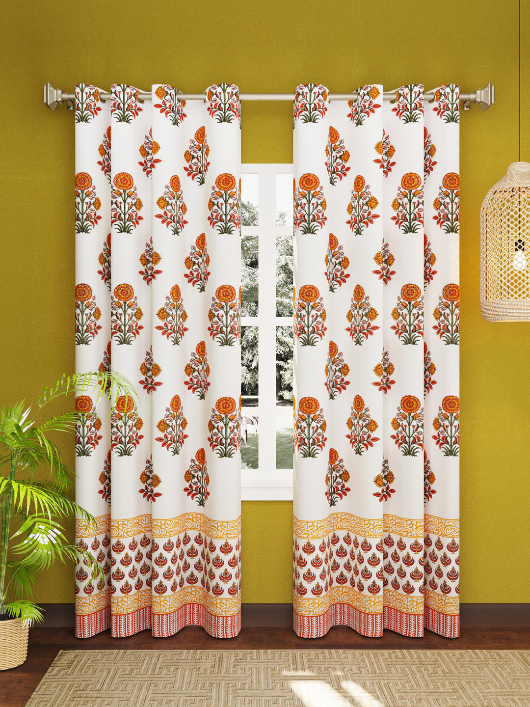 LIVING ROOTS Cotton Block Print 7 Feet Door Curtains-Set of 2 (51-004-B-2PC)