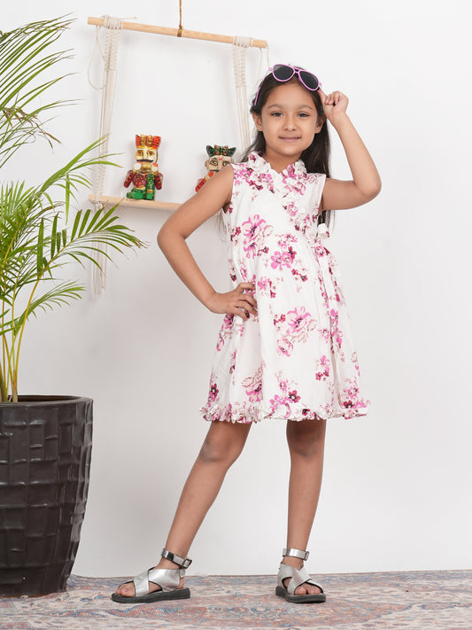 Block Printed Off White and Pink Cut Sleeves Dress for Girls