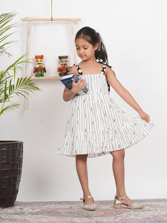 Block Printed White Fit and Flare Dress for Girls