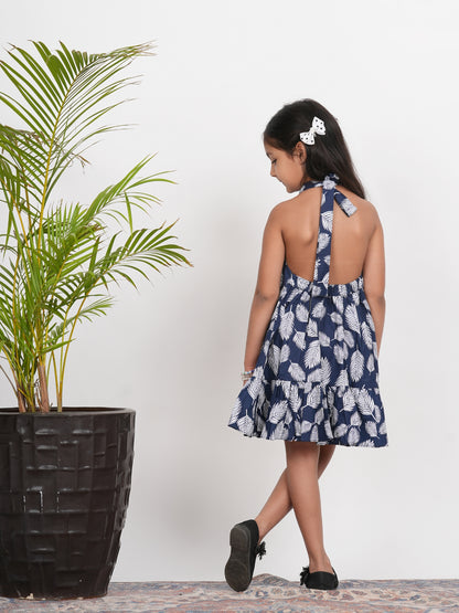 LIVING ROOTS Block Printed Blue High Neck Dress for Girls (G-1PC-005-3-4Y)