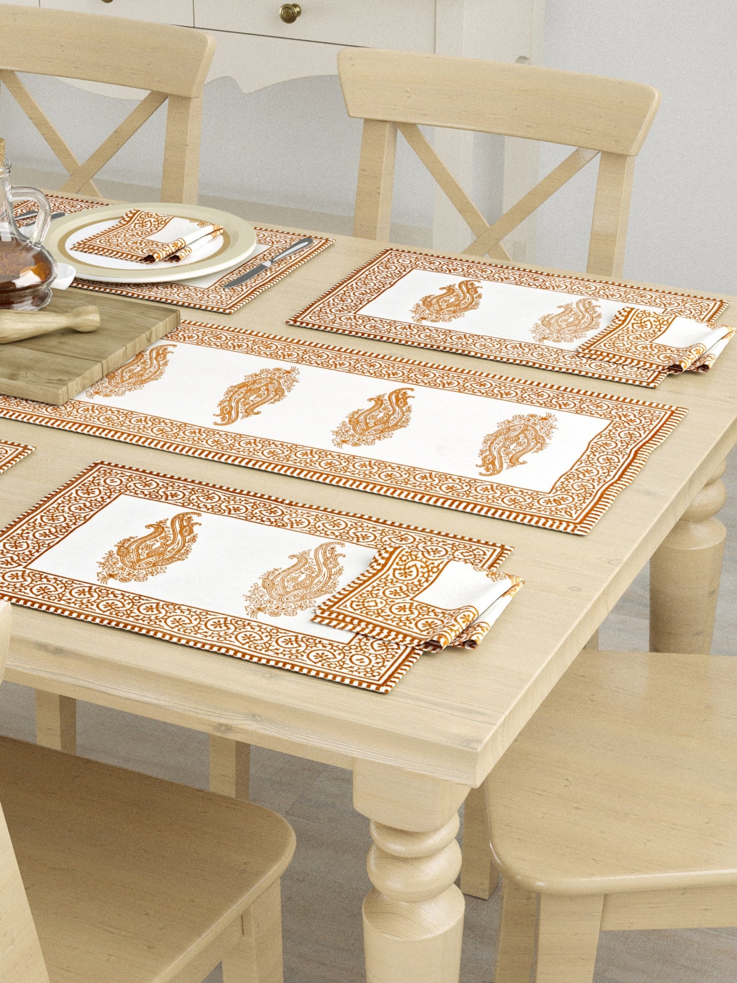 Hand Block Printed Orange & White Table Runner, Mat and Napkin Set for Center/Dining Table
