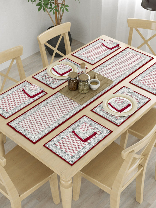 Hand Block Printed Red & Cream Table Runner, Mat and Napkin Set for Center/Dining Table