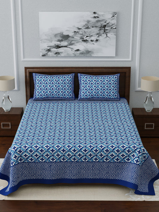 Double Bedsheet King Size Blue Colour Pure Cotton - 1 Bedsheet with 2 Pillow Covers