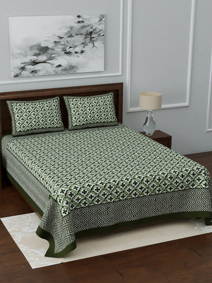 LIVING ROOTS Double Bedsheet King Size Green Colour Pure Cotton - 1 Bedsheet with 2 Pillow Covers (31-048-C)