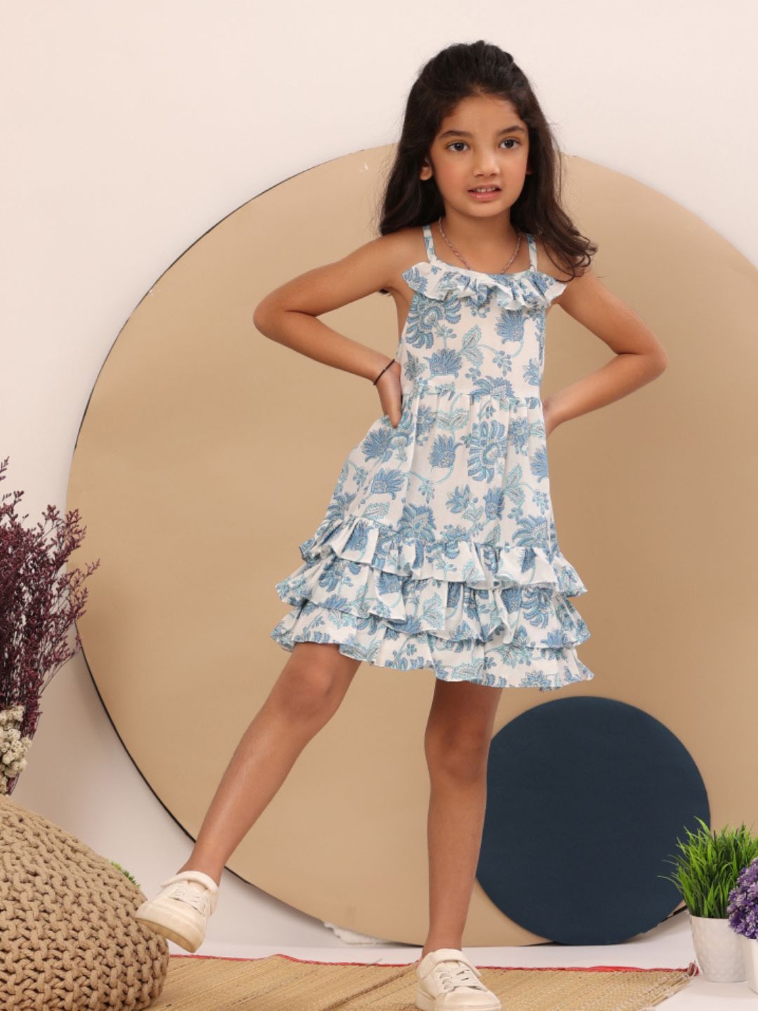 LIVING ROOTS Block Printed Ruffled White Dress for Girls (G-1PC-001-3-4Y)