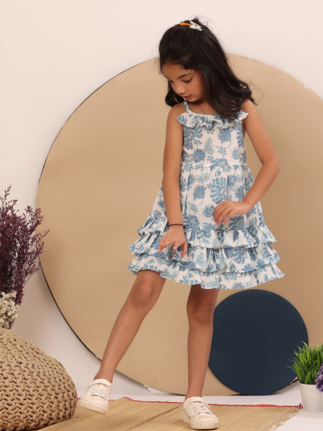 LIVING ROOTS Block Printed Ruffled White Dress for Girls (G-1PC-001-3-4Y)