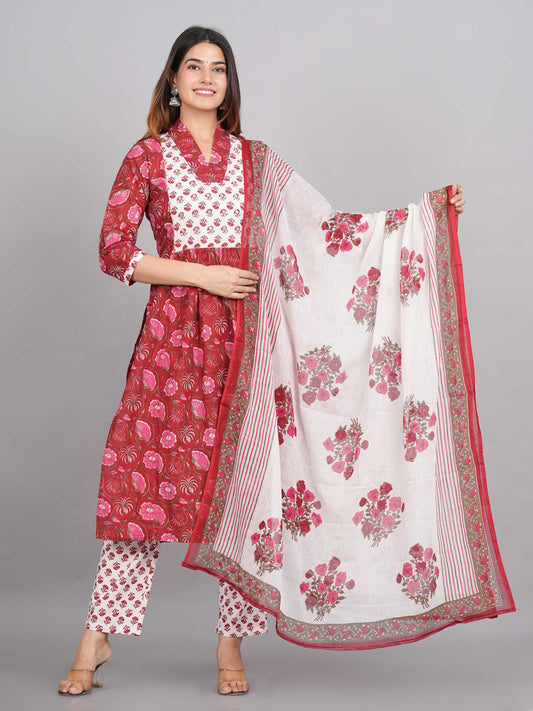 3 Piece Red Floral Block Print Naira Cut Kurti Set (100% Cotton)