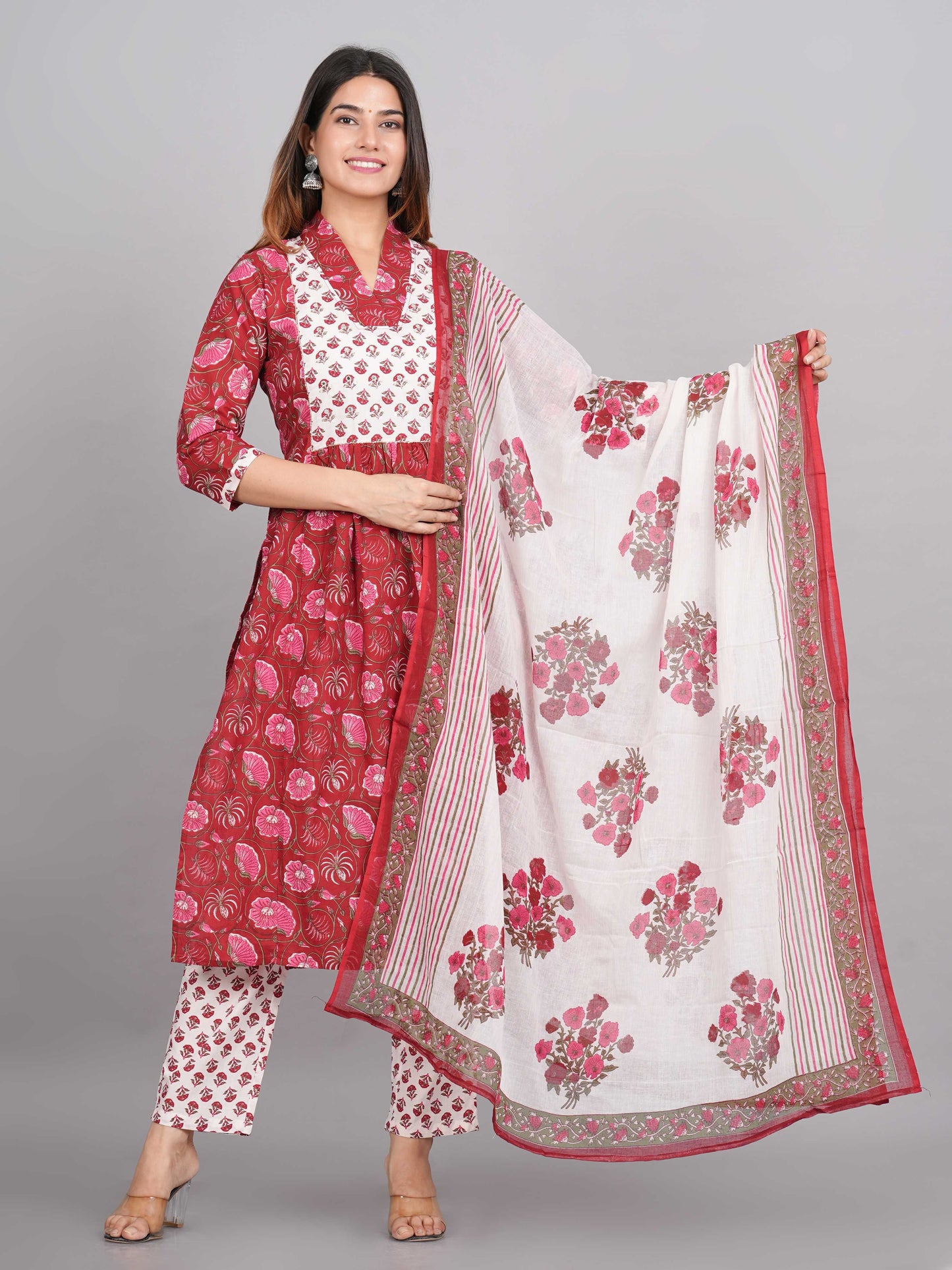 3 Piece Red Floral Block Print Naira Cut Kurti Set (100% Cotton) (W-3PC-008-M)