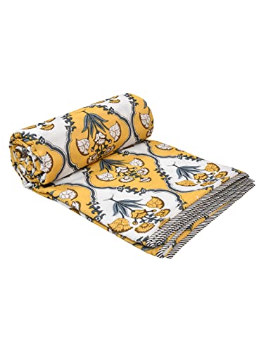 LIVING ROOTS 100% Cotton Dohar King Size Reversible Hand Block Printed Malmal Summer Dohar (Yellow Flower jaal) (21-012-A)
