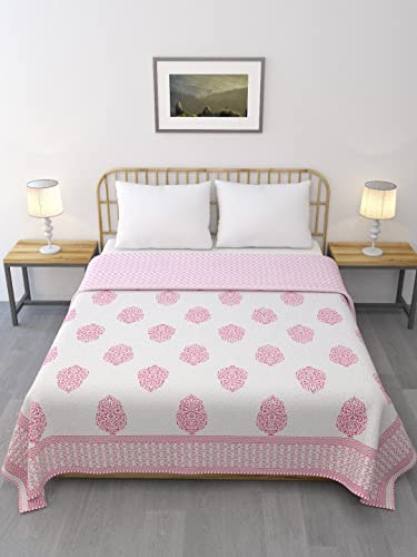 LIVING ROOTS 100% Cotton Dohar King Size Reversible Hand Block Printed Malmal Summer Dohar (Pink Motifs) (21-013-A)
