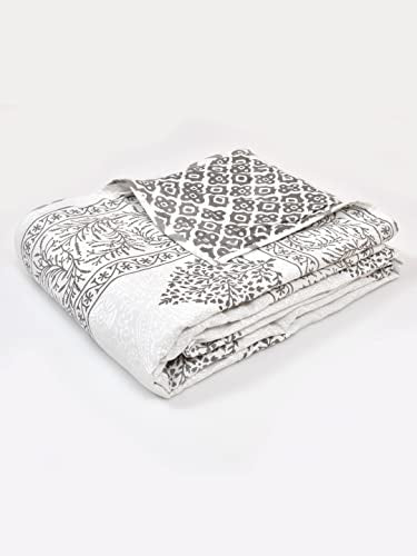 LIVING ROOTS 100% Cotton Dohar King Size Reversible Hand Block Printed Malmal Summer Dohar (Grey Motifs) (21-014-B)