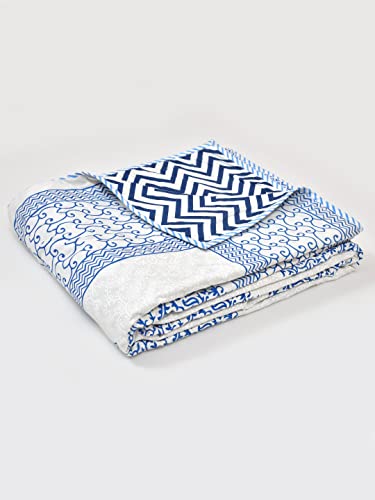 LIVING ROOTS 100% Cotton Dohar King Size Reversible Hand Block Printed Malmal Summer Dohar (Blue Motifs)