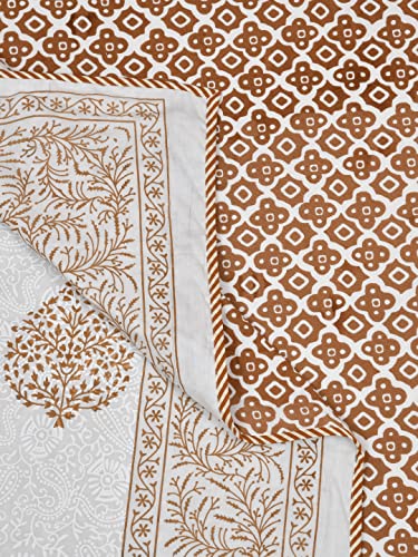 LIVING ROOTS 100% Cotton Dohar King Size Reversible Hand Block Printed Malmal Summer Dohar (Brown Motifs)