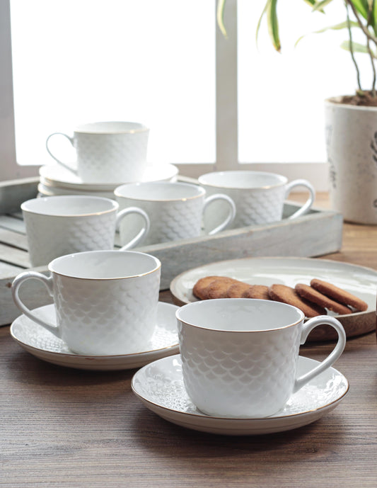 Ripple Impression Cup & Saucer, 210ml, Set of 12 (6 Cups + 6 Saucers) (1101)