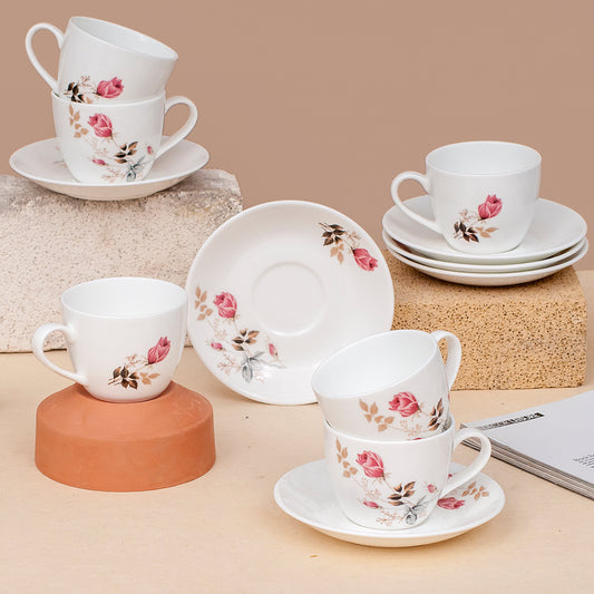 Cream Floral Cup & Saucer 210ml, Set of 12 (6 Cups + 6 Saucers), 082
