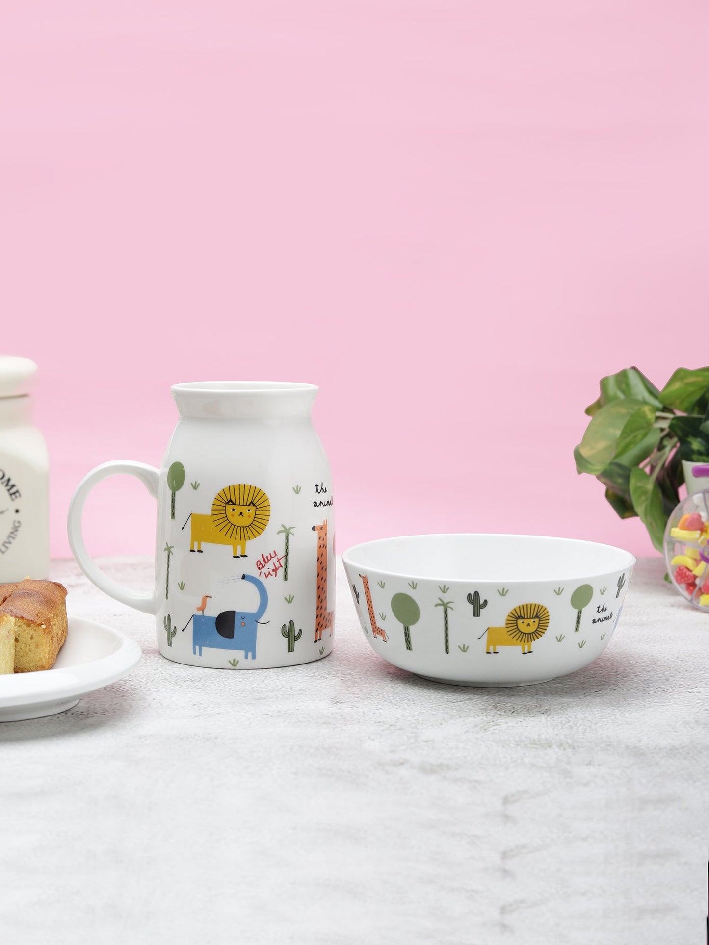 Cane Milk Mug with Bowl Set of 2 for Kids Breakfast (Lion)