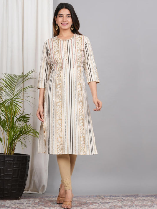 LIVING ROOTS Ethnic Motifs Printed Off White Pure Cotton Straight Kurti (W-1PC-010-M)