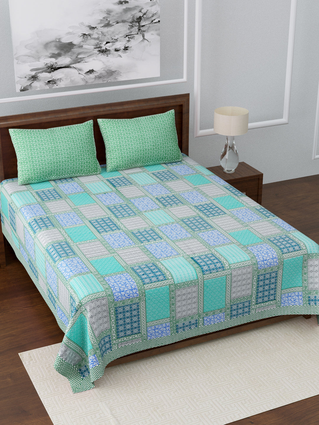 LIVING ROOTS King Size Double Bedsheet Pure Cotton - 1 Bedsheet with 2 Pillow Covers Green Colour (31-135-A)