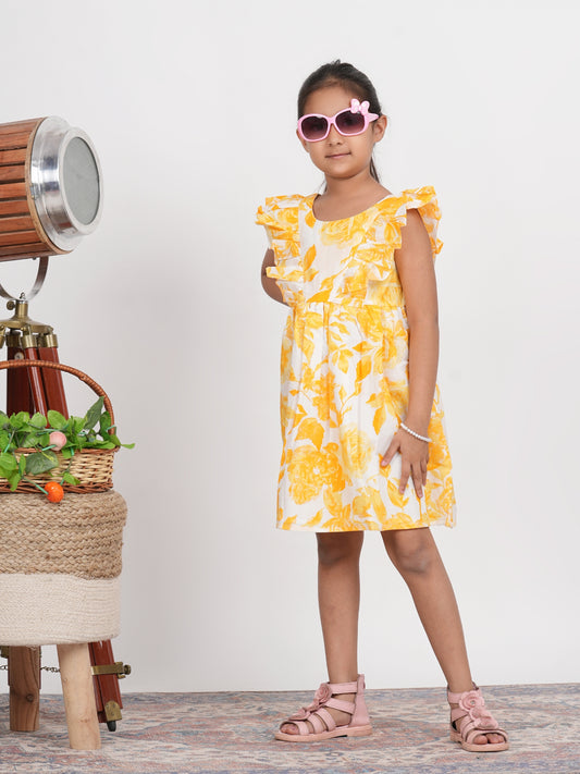 LIVING ROOTS Block Print Yellow Round Neck Dress for Girls (G-1PC-015-3-4Y)