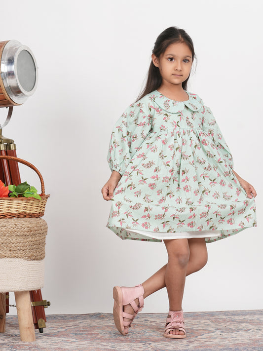 LIVING ROOTS Block Print Green Collar Dress for Girls (G-1PC-016-3-4Y)