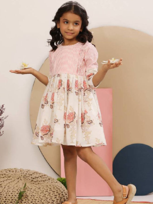 LIVING ROOTS Block Printed Off White and Pink Dress for Girls (G-1PC-003-3-4Y)