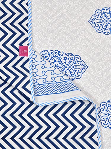 LIVING ROOTS 100% Cotton Dohar King Size Reversible Hand Block Printed Malmal Summer Dohar (Blue Motifs) (21-013-B)
